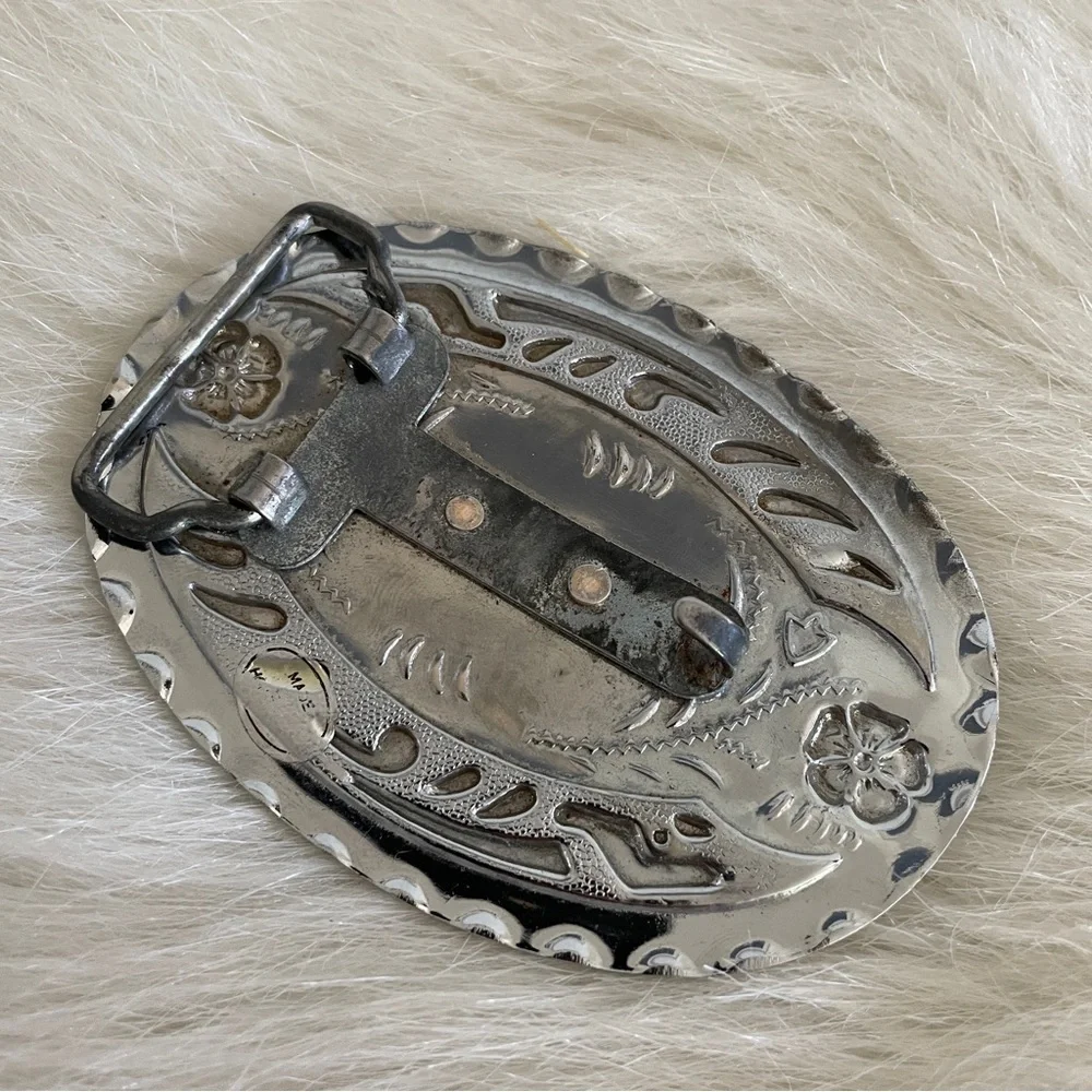 Vintage Silver Tone Western Belt Buckle with Wagon Decal